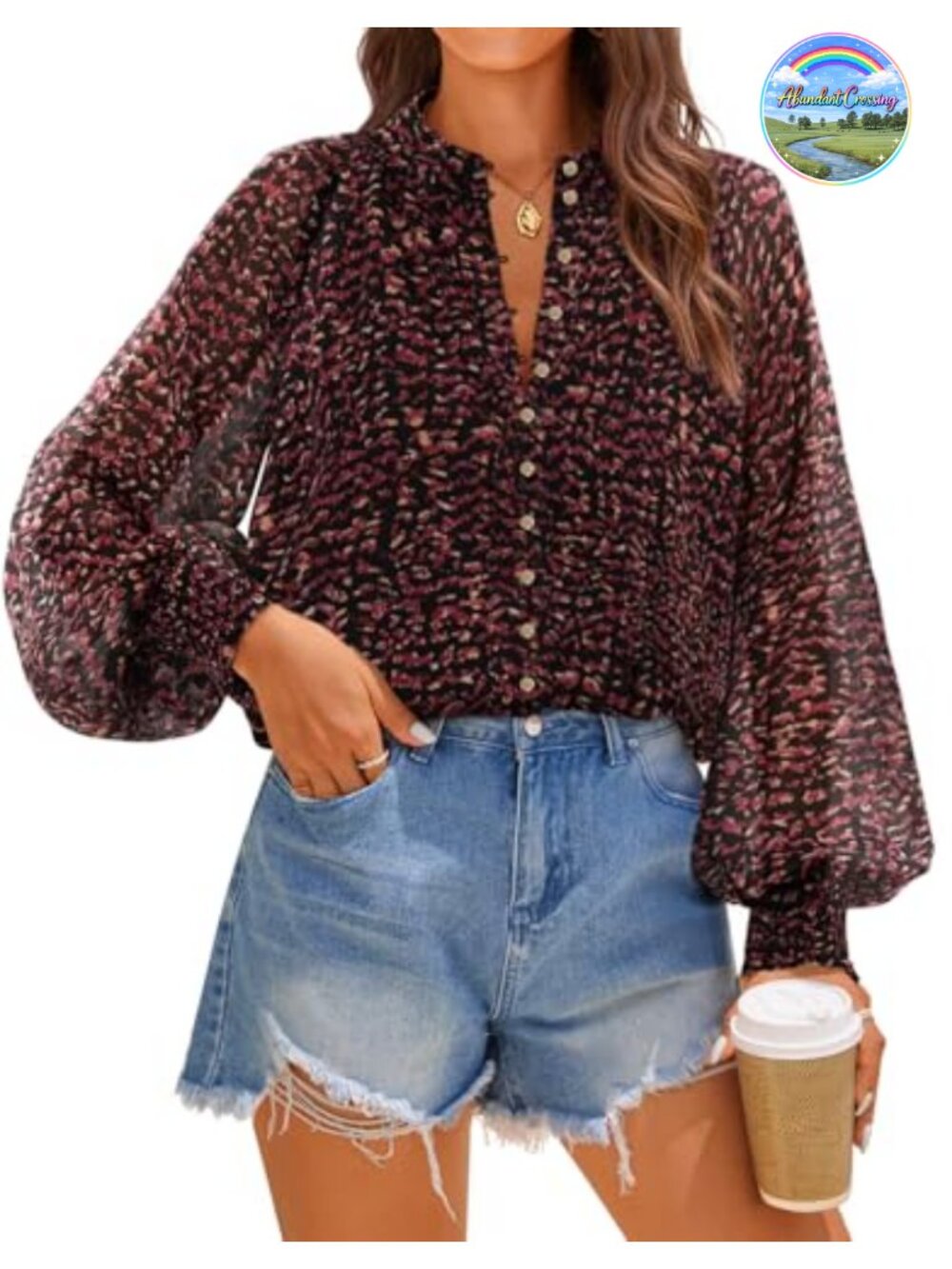 Womens Floral Print Long Sleeve Button Down Boho Blouse Smocked Cuff